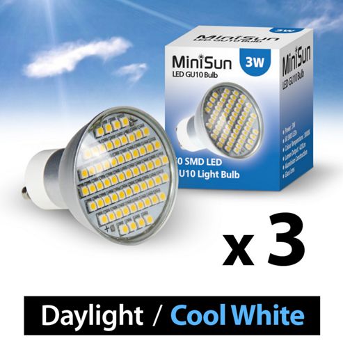 Image of Pack Of Three Minisun 3w 58 Smd Led Gu10 Light Bulbs Cool White