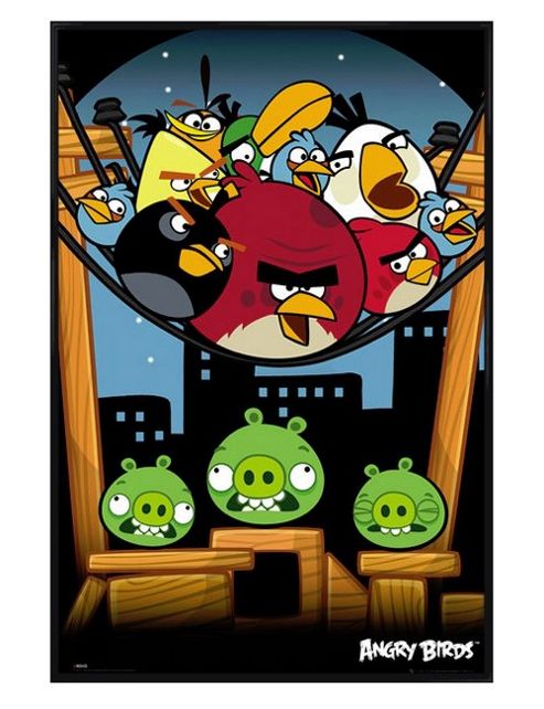 Image of Gloss Black Framed Angry Birds On A Wire Poster