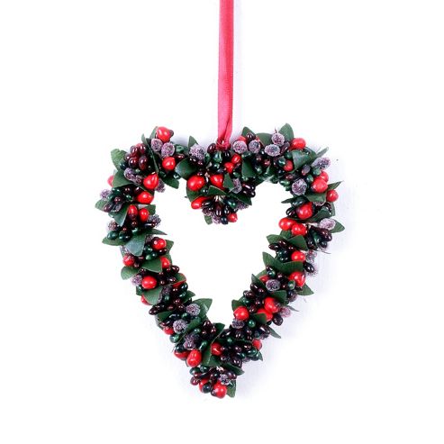 Image of Artificial Frosted Red Berry Hanging Heart Christmas Decoration