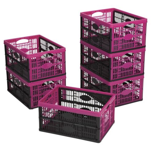 Image of Tesco 32l Plastic Folding Crate, Pack Of 6, Black/pink