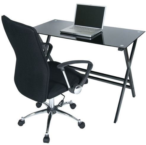 Image of Levv Black Glass Desk With Harvad Executive Chair Set
