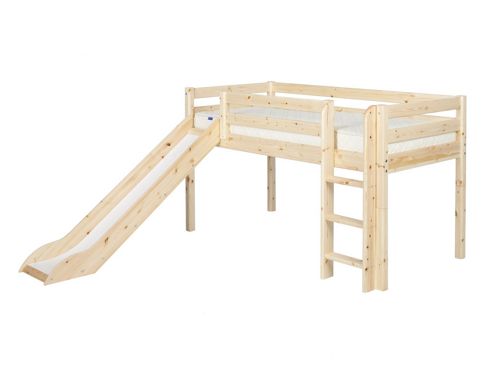 Image of Flexa Flexa Classic Mid-high Bed With Straight Ladder And Slide - Natural Lacquer