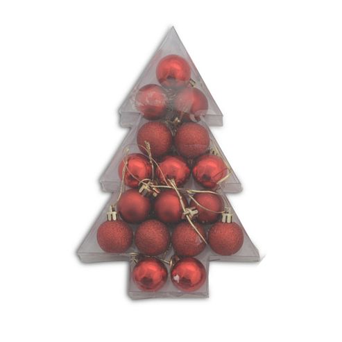 Image of Assortment Of 17 Festive Mini Shatterproof Red Bauble Decorations In Christmas Tree Shaped Box