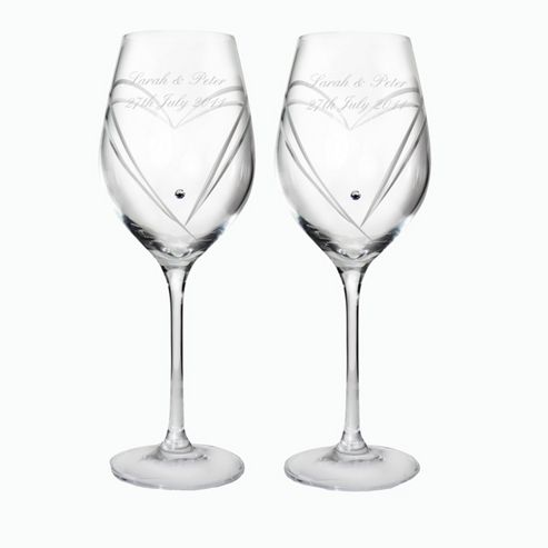 Image of Personalised Hand Cut Diamante Heart Wine Glass Set