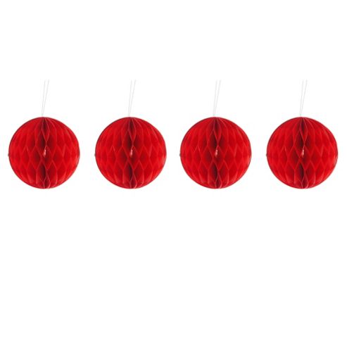 Image of Pack Of Four Red 10cm Honeycomb Retro Pom Pom Decorations