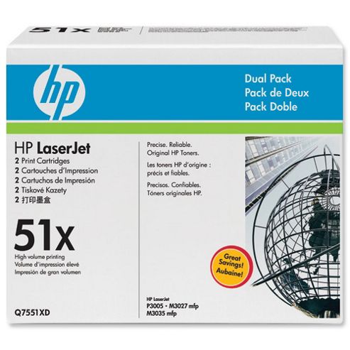 Image of Bundle: Hp 51x Black Smart Print Cartridge (yield 13,000 Pages) Dual Pack For Laserjet P3005, M3035mfp, M3027mfp