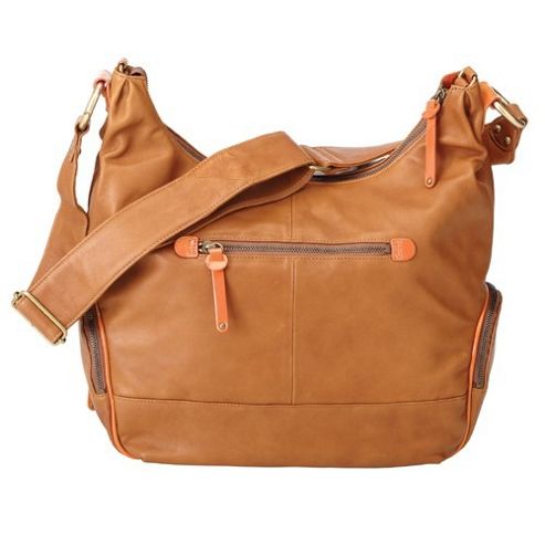 Image of Oioi Soft Tan Leather Hobo Bag With Tangerine Trim