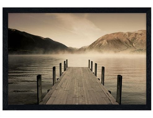 Image of Peaceful Lakeside Scene Black Wooden Framed Jetty At Lake Rotoiti Poster