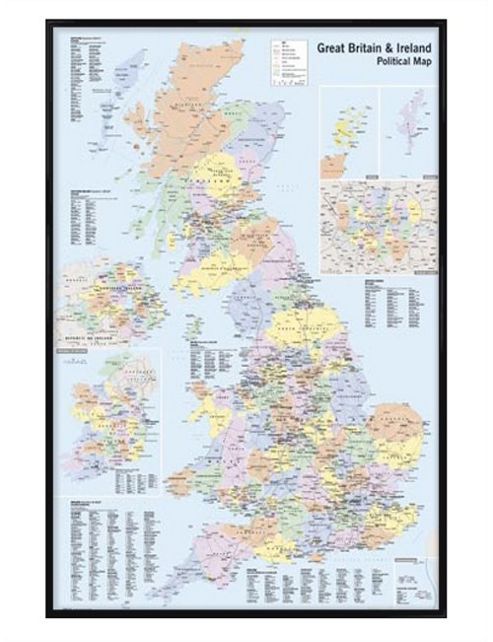 Image of Political Map Gloss Black Framed Uk & Ireland Poster