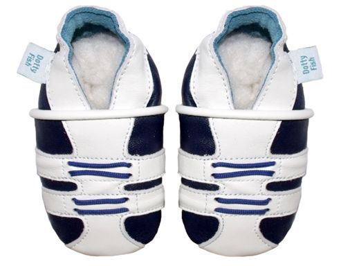 Image of Dotty Fish Soft Leather Baby Shoe - White And Navy Trainer Design - White