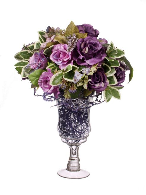 Image of Artificial 55cm Purple Rose And Mixed Foliage Display In A Tall Goblet Glass Vase