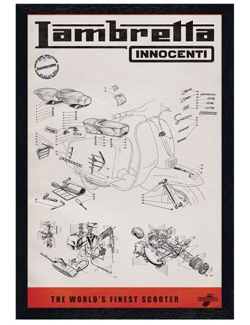 Image of Black Wooden Framed Lambretta Line Drawing Poster