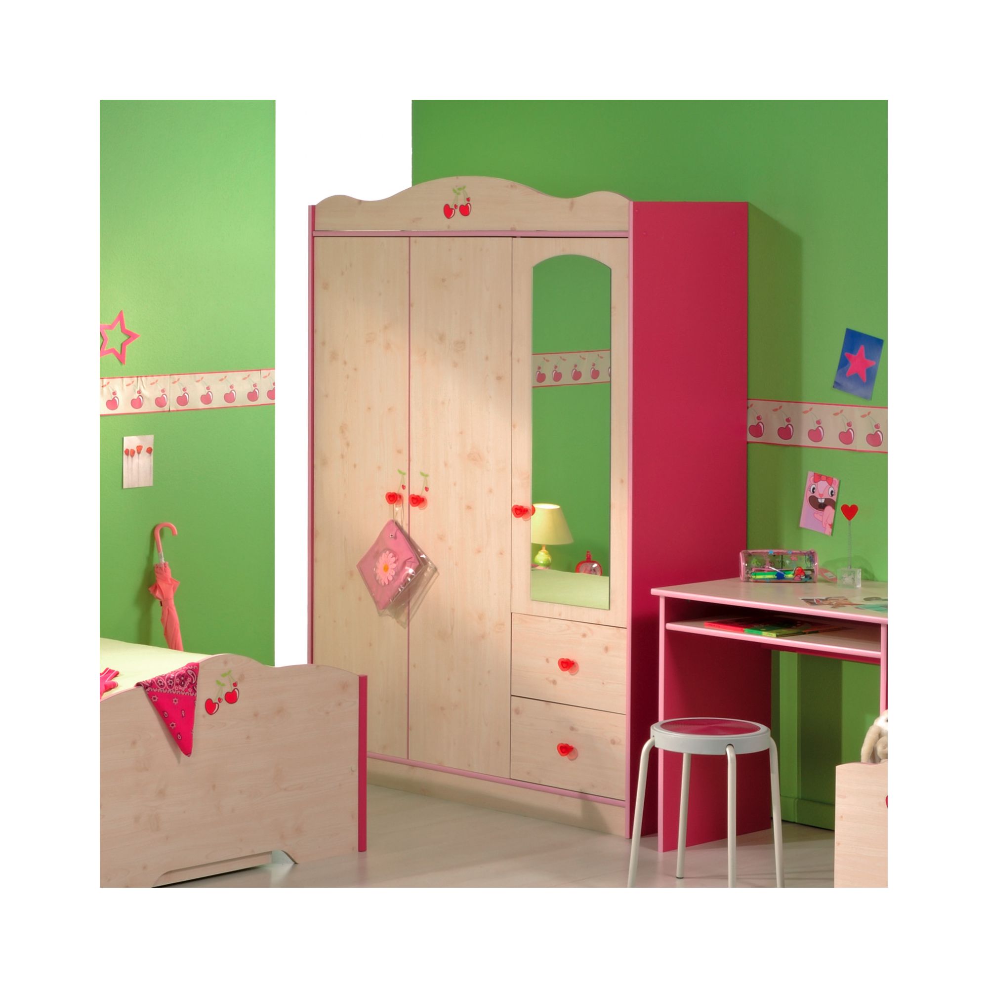 Parisot Miss Griotte Three Door Wardrobe in White Stained Pine / Raspberry at Tescos Direct