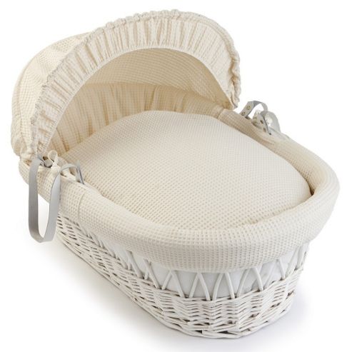 Image of Clair De Lune White Wicker Moses Basket (soft Cotton Waffle Cream)