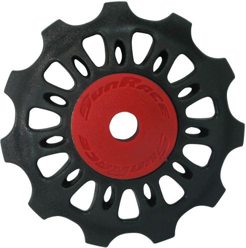 Image of Sunrace 11t Plastic Jockey Wheel. Black With Red Dust Caps