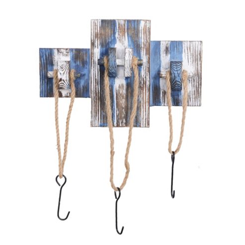Image of Nautical Themed Triple Rope Coat Hook In A Rustic Blue & White Finish