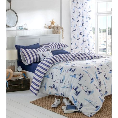 Image of Catherine Lansfield Home Padstow Cotton Rich Fully Lined Curtains 66x72 Inches - Nautical
