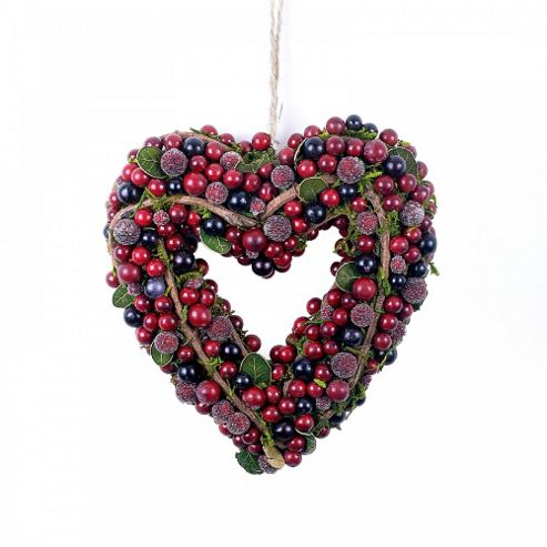 Image of Artificial Frosted Red Berry & Vine Hanging Heart Christmas Wreath