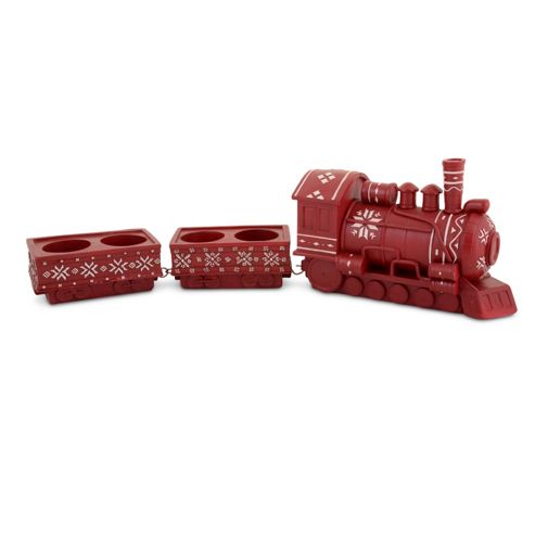 Image of Red & White Knitted Pattern Resin Train Christmas Tealight Holder