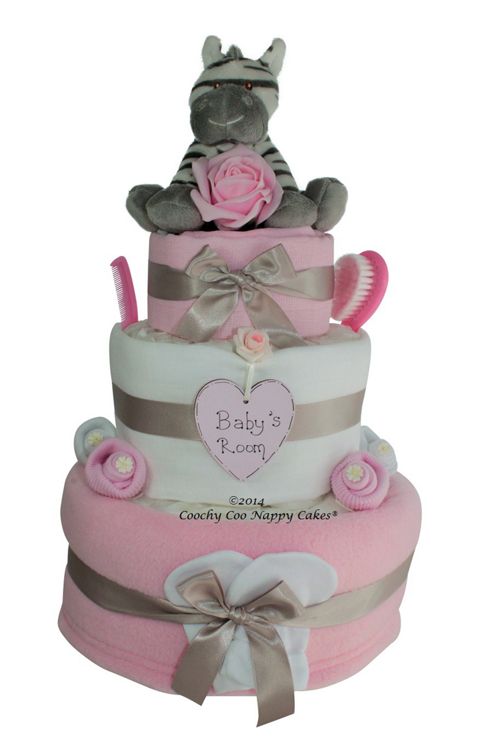 Image of Luxury Baby Girl Gift Zebra Nappy Cake (three Tier)