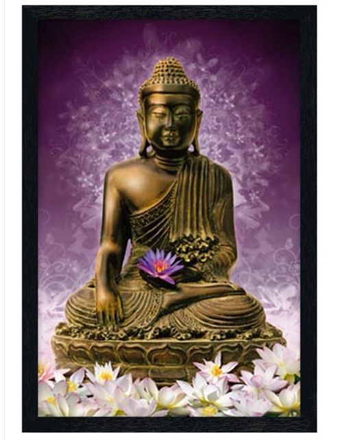 Image of Holding A Purple Lotus Flower Black Wooden Framed Sitting Buddha Poster