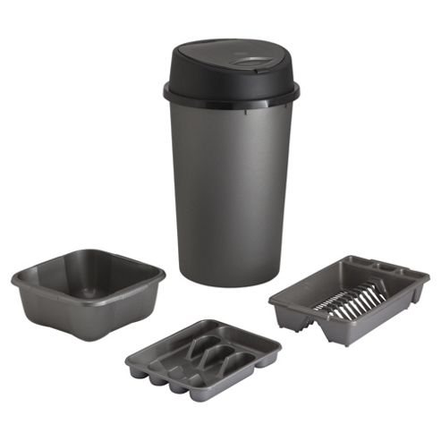 Image of Tesco 4pc Kitchen Set With Touch Bin - Platinum