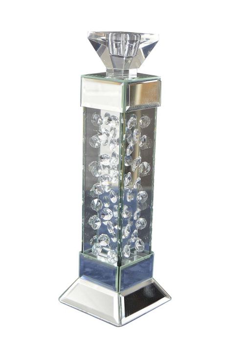 Image of Large Very Modern Mirrored Silver Candle Stick Holder With Inset Crystals