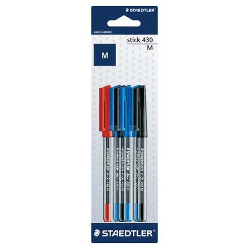 Image of Staedtler 430 Stick Ballpoint Pens, Black, Blue And Red, 6 Pack