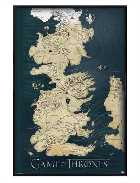 Image of Gloss Black Framed Game Of Thrones The Seven Kingdoms Of Westeros Map Poster