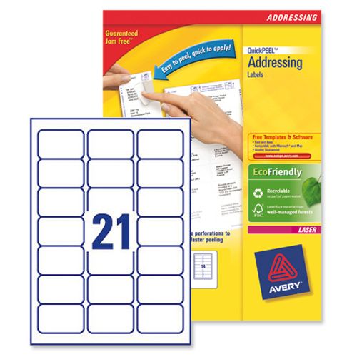 Image of Avery Addressing Labels Laser Jam-free 21 Per Sheet 63.5x38.1mm White Ref L7160-500 [10500 Labels]