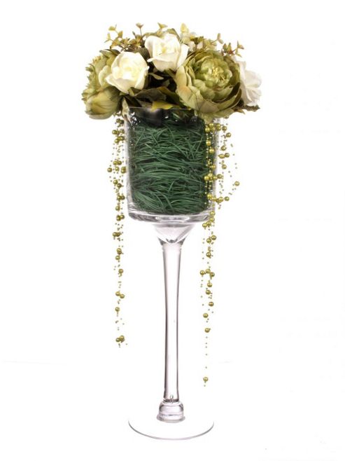 Image of Artificial 65cm White Rose, Green Peony, Mixed Foliage And Green Pearl Bead Display In A Tall Goblet Glass Vase