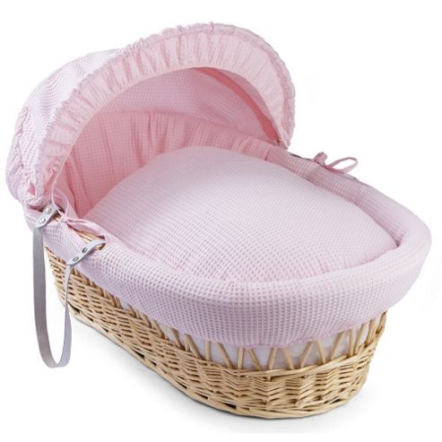 Image of Clair De Lune Natural Wicker Moses Basket (soft Cotton Waffle Pink)