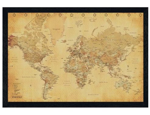 Image of Black Wooden Framed Vintage Style World Map Poster