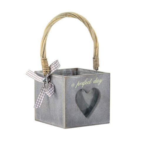Image of Small Rustic Grey Finish Wood & Glass Heart Cut Out Tealight Holder 'perfect Day' Design
