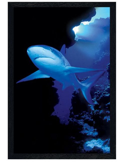 Image of An Eerie Underwater Menace Black Wooden Framed Shark In The Deep Poster