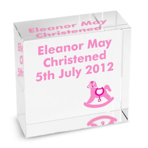 Image of Personalised Rocking Horse Pink Crystal Token For Christening Or New Baby