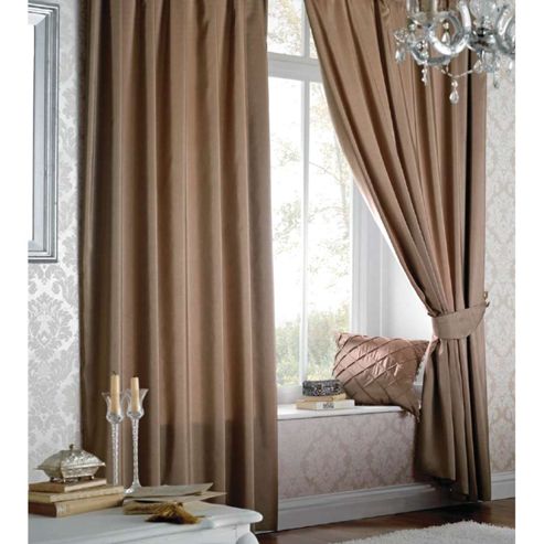 Image of Catherine Lansfield Home Plain Faux Silk Curtains 66x108 (168x274cm) - Latte - Tie Backs Included