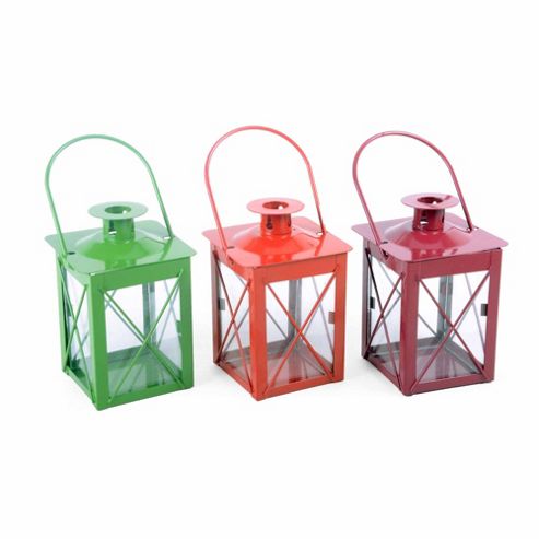 Image of Set Of Three Small Coloured Metal & Glass Garden Lanterns