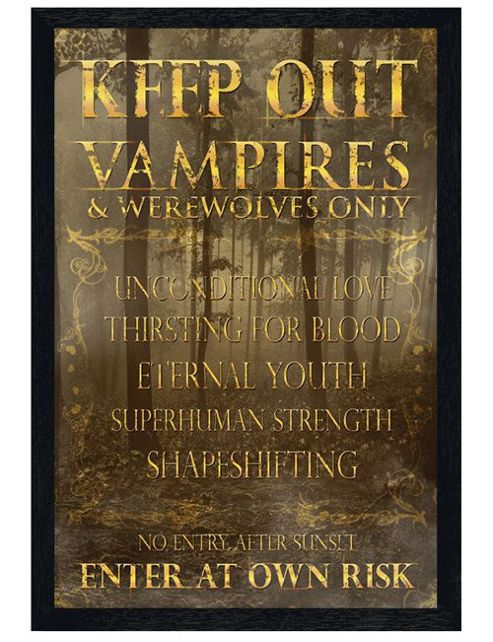 Image of Keep Out Warning Sign Black Wooden Framed Vampires And Werewolves Only! Poster
