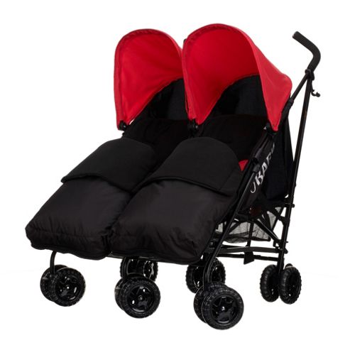 Image of Obaby Apollo Black & Grey Twin Stroller With 2 Black Footmuffs - Red