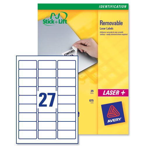 Image of Avery Labels Removable Laser 27 Per Sheet 63.5x29.6mm White Ref L4737rev-25 [675 Labels]