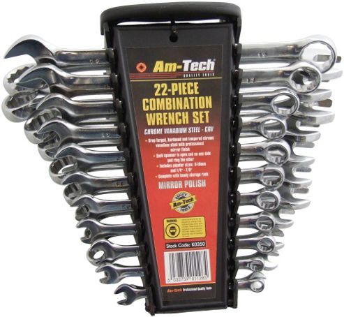 Image of Am-tech Full Polish Crv Combination Spanner Set With Rack (22 Pieces )