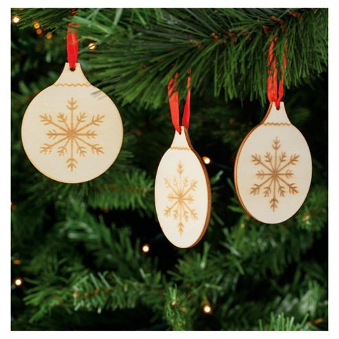 Image of Tesco Wooden Shape Hanging Christmas Bauble Decoration, 6 Pack