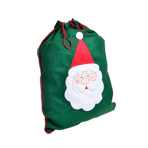 Image of Large Green Felt Christmas Sack Gift Bag With Stitched Father Christmas Design