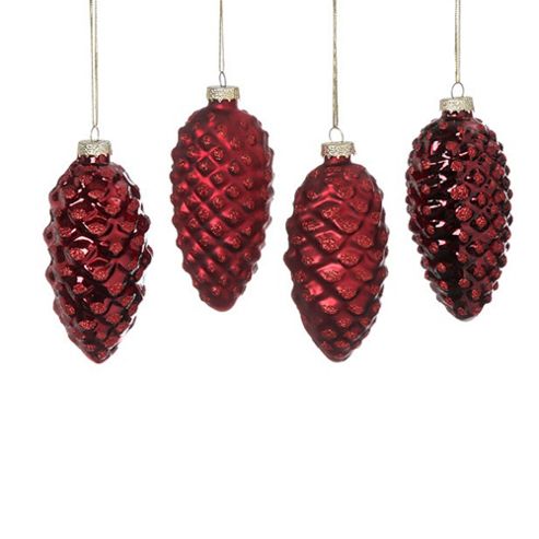 Image of Set Of Four Red Glass Pine Cone Christmas Tree Baubles
