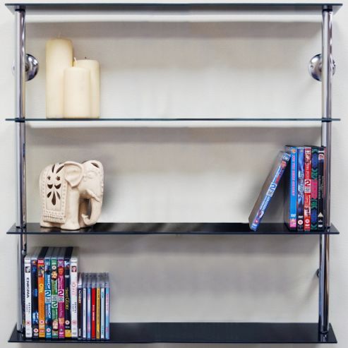 Image of Maxwell - Wall Mounted Wide Glass Cd Dvd Storage Shelves - Black / Silver