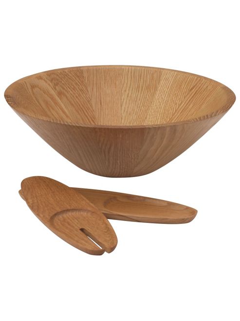 Image of Linea Large Solid Oak Salad Bowl & Servers In Brown