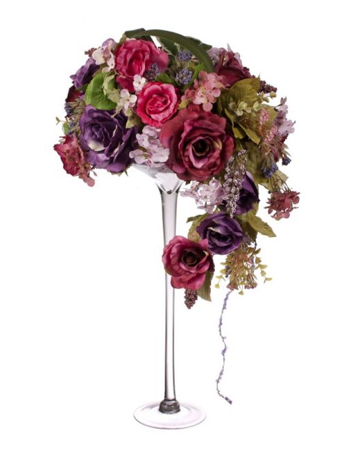 Image of Artificial 65cm Red Rose, Purple Rose And Mixed Foliage Display In A Tall Martini Glass Vase