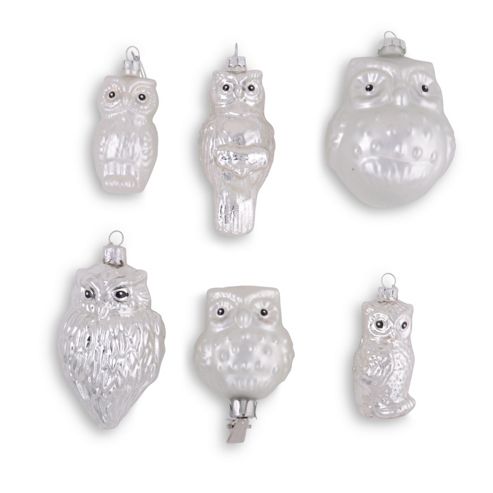 Image of Set Of Six Silver Glass Hanging & Clip-on Owl Christmas Decorations