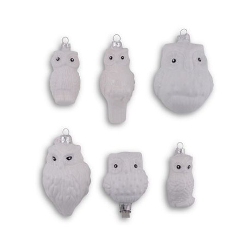 Image of Set Of Six White Glass Owl Christmas Decorations Hanging & Clip On